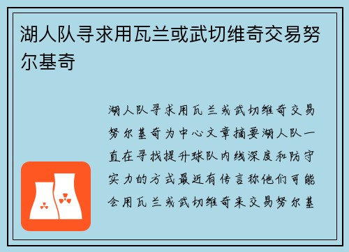 湖人队寻求用瓦兰或武切维奇交易努尔基奇